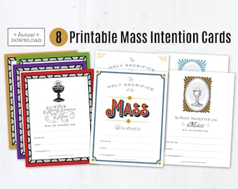 Catholic Mass Intention Cards, 8 Different Designs, Printable, Instant Download, A2 Cards, 4.25x5.5, Holy Mass Intention Printable Cards