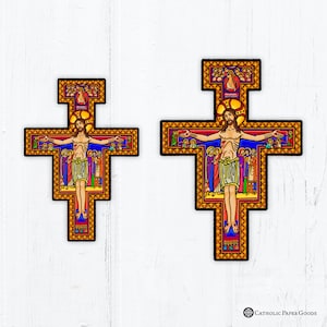 San Damiano Cross Franciscan Cross Vinyl Sticker 3&quot; Vinyl and 3&quot; Holographic OR 4&quot; Vinyl Peel & Stick Weatherproof Dishwasher Safe