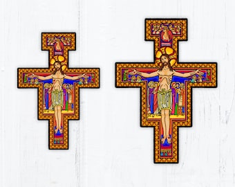 San Damiano Cross Franciscan Cross Vinyl Sticker 3" Vinyl and 3" Holographic OR 4" Vinyl Peel & Stick Weatherproof Dishwasher Safe