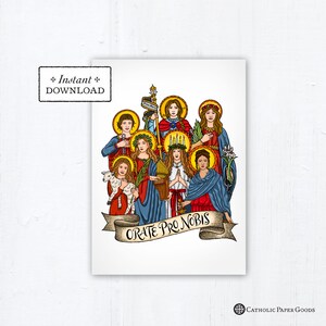 May include: A colorful illustration of seven women saints with the text "Orate Pro Nobis" on a banner. The women are depicted in medieval clothing and holding various religious symbols.