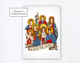 Female Martyrs 5x7 Card Art Print, Instant Download, Downloadable PDF Saint Squad St Joan of Arc St Lucy St Philomena St Cecilia St Agatha