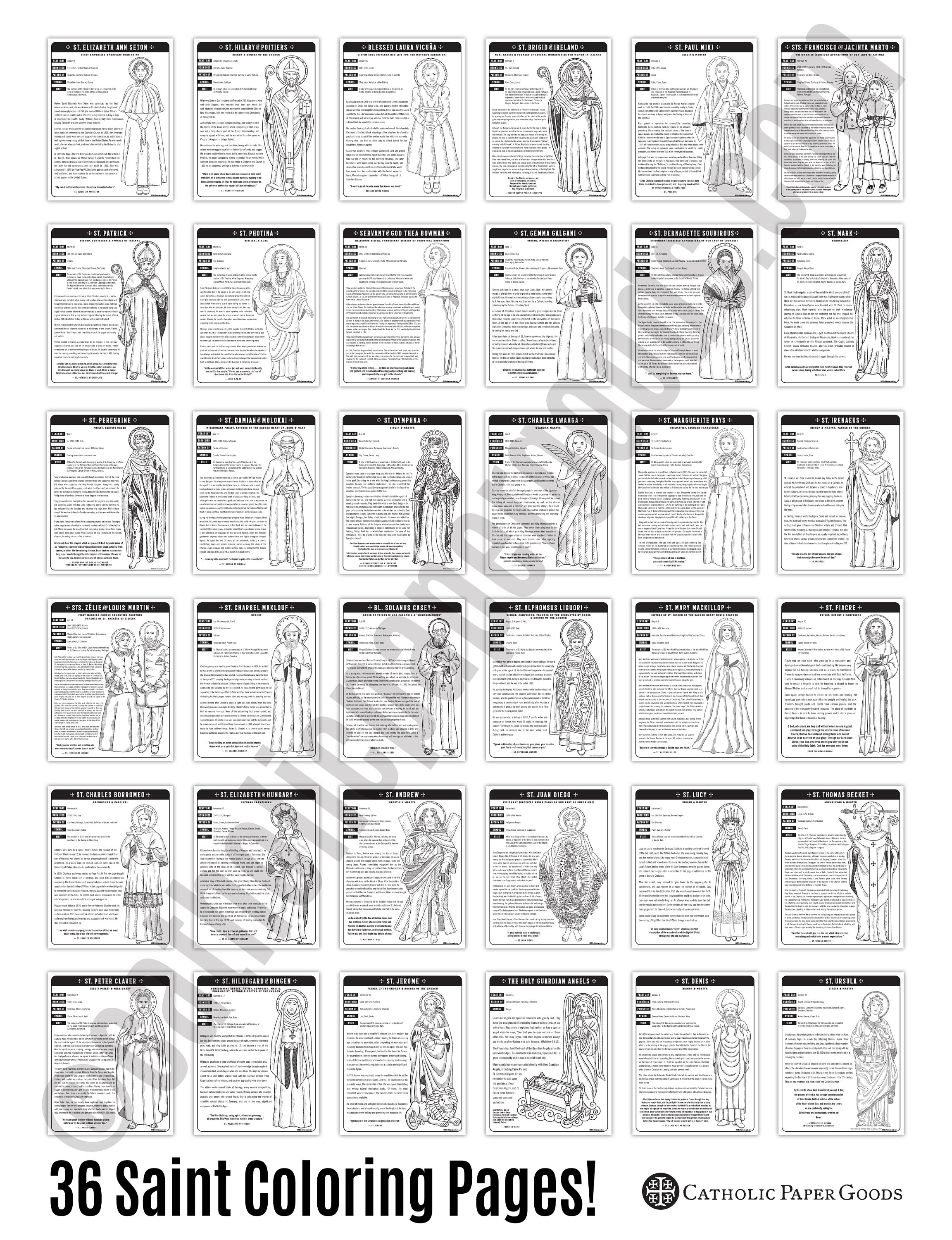 36 Catholic Saint Coloring Pages with Biographical Information, Bundle ...