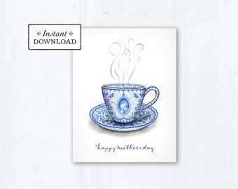 Marian Teacup Mother's Day Card - Instant Download - Downloadable PDF 4.25"x5.5" A2 - Catholic Printable Card Mother's Day Card Marian Art