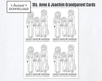 Catholic Coloring Page Cards, Saints Anne & Joachim, Catholic Saints, Printable Coloring Page Cards, Grandparents Day Cards, Classroom Use