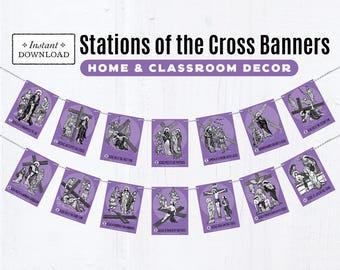 Stations of the Cross Printable Decorative Banners for Lent, Lent Decor, Catholic Decor, Printable Color Catholic Stations of the Cross