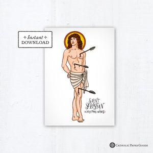 Saint Sebastian Card, Art Print, Instant Download, DIY Downloadable PDF 5"x7" Catholic Saint Printable Confirmation Gift St Sebastian