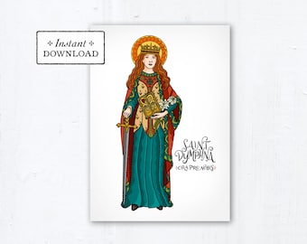 Saint Dymphna Card - Art Print - Instant Download - DIY Downloadable PDF 5"x7" - Saint Printable Saint Art Print Confirmation Gift Baptism