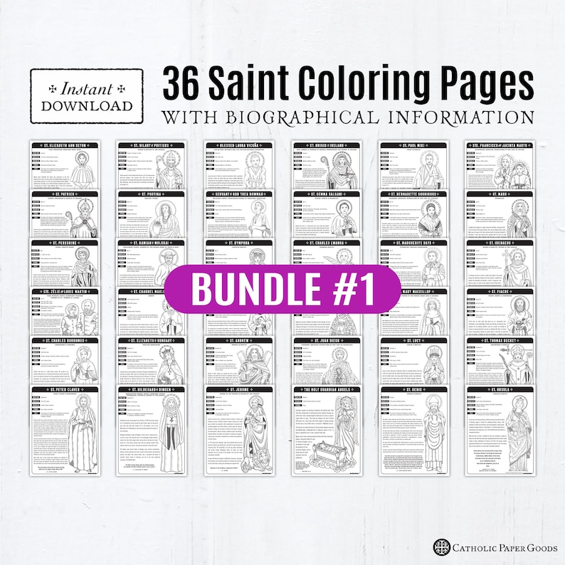 Catholic Saint Coloring Pages: Biographical Bundle 36 Saints (PDF) - Etsy