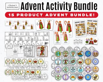 Advent PDF Bundle: Bingo, Coloring Pages, Jesse Tree Ornaments, O Antiphon Ornaments & Cards, St Nicholas Candy Cards, Advent Game, Novena