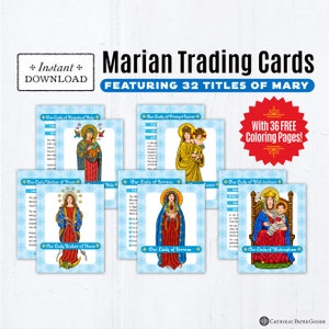 Marian Trading Cards, 32 Printable Marian Cards PLUS 36 Coloring Pages, Blessed Virgin Mary Trading Cards Titles of Mary, May Month of Mary