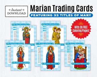 Marian Trading Cards, 32 Printable Marian Cards PLUS 36 Bonus Coloring Pages, Downloadable, Blessed Virgin Mary Trading Cards Titles of Mary