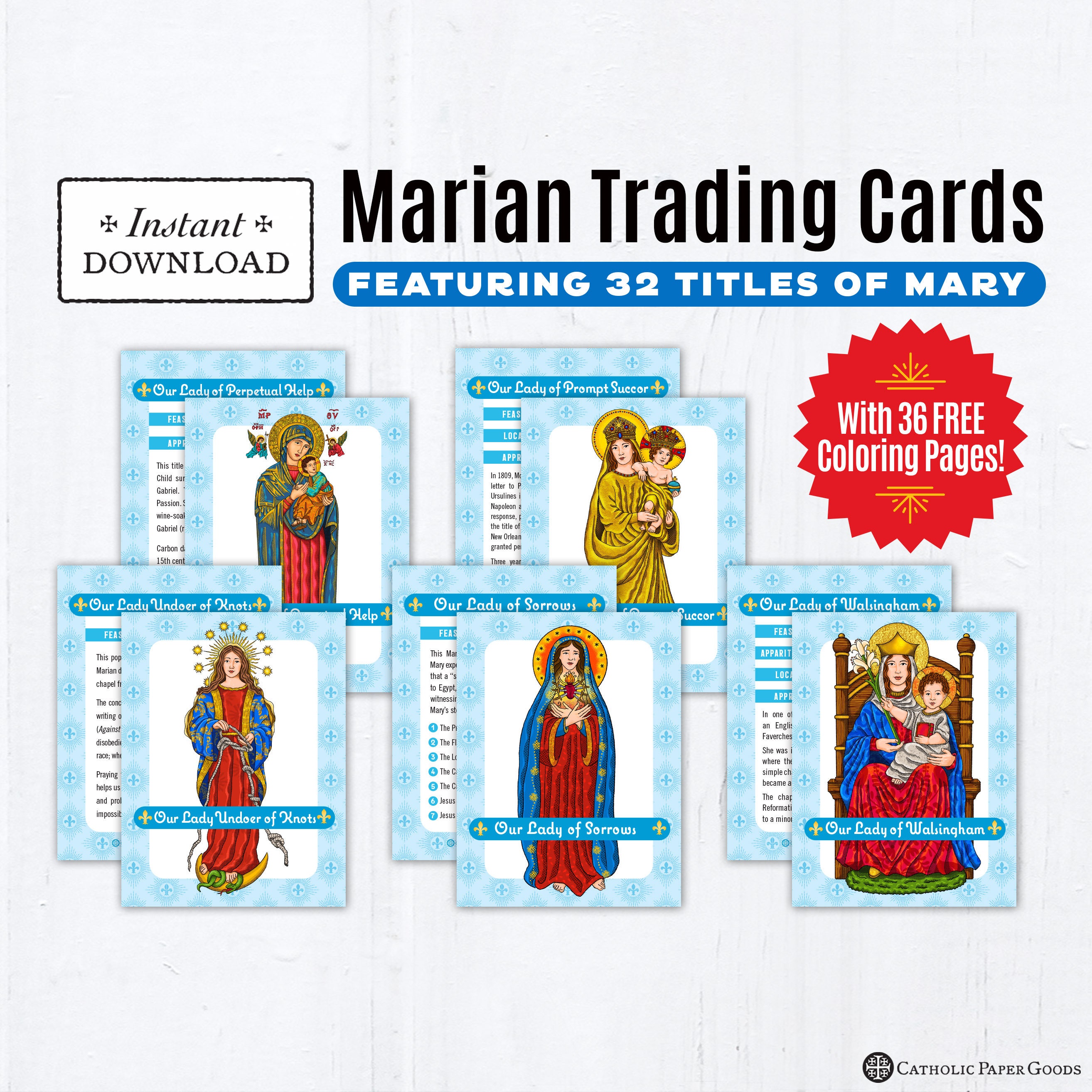 Marian Trading Cards, 32 Printable Marian Cards PLUS 36