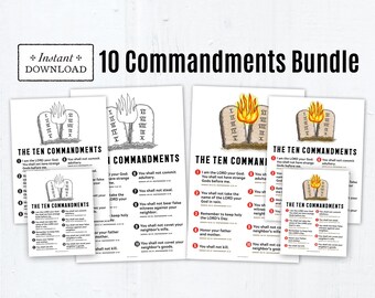 Ten Commandments Bundle: 11x17 Poster, 8.5x11 Handout, Flash Cards, Color and BW Coloring Page, Catholic Education, Catholic Classroom Decor
