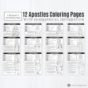May include: A set of 12 coloring pages featuring illustrations of the Apostles, each accompanied by biographical information. The pages are black and white and designed for instant download. The text includes the names of the Apostles.