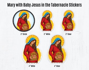 Mary with Jesus in the Tabernacle Die Cut Vinyl Sticker White or Clear or Circle Sticker, 3" or 4" Peel & Stick Waterproof Catholic Stickers