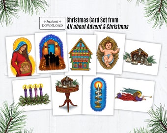 Catholic Christmas Cards from All About Advent & Christmas Book, Set of 9 Designs, Instant Download, DIY, PDF 4.25”x5.5"