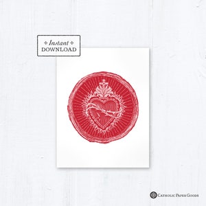 Katholieke wenskaart Heilig Hart Houtsnede Rood - Afdrukbaar - DIY downloadbare PDF - A2 4,25"x5,5"
