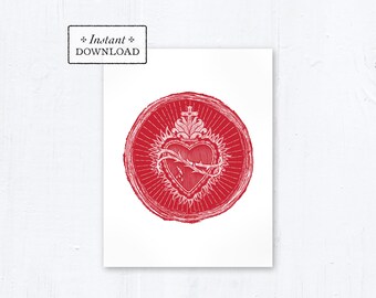 Catholic Greeting Card Sacred Heart Woodcut Red - Printable - DIY Downloadable PDF - A2 4.25”x5.5"