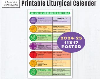 2024-25 Printable Catholic Liturgical Calendar Poster: 11x17 Color Poster, Catholic Education, Classroom Decor, Lent, Advent, Ordinary Time