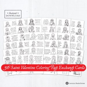Catholic Saints Coloring Page Valentine Exchange Cards Bundle of 36 Black Printable - DIY Downloadable PDF - 8.5x11 - Catholic Printables
