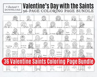 Catholic Saints Valentine Coloring Page Bundle of 36 Black & White Printable Coloring Pages, PDF 8.5x11 Catholic Printables, All Saints Day