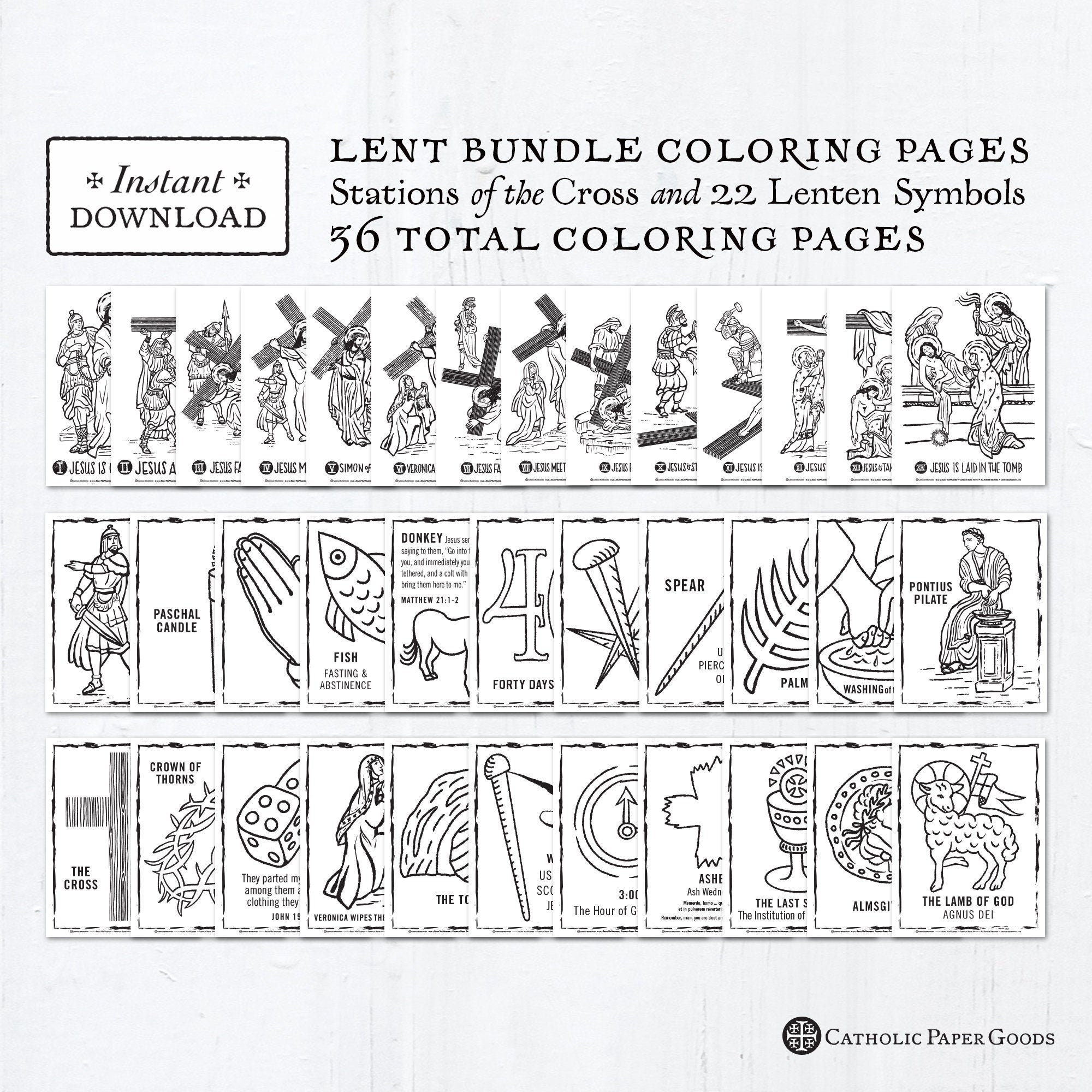 Catholic Coloring Pages - Stations of the Cross AND Lent Symbols - Bundle  of 36 - Lent Activity for Kids - Printable Coloring Pages - PDF