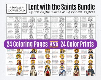 Lent with the Saints Bundle: 24 Printable Catholic Saint Coloring Pages and 24 Printable Color Saint Art, Digital, PDF, All Saints Day
