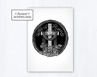 Catholic Easter He is Risen Digital Woodcut Greeting Card, Catholic Printable Easter Card Alleluia Instant Download, Black PDF 5x7