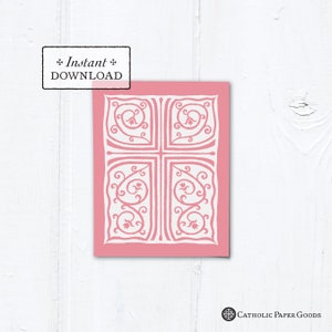Catholic Pink Cross Vines Multi-purpose Printable Greeting Card Printable Catholic Graduation Baptism Communion Confirmation Card 4.25x5.5