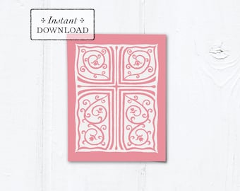 Catholic Pink Cross Vines Multi-purpose Greeting Card Baptism Communion Confirmation Instant Download - DIY Downloadable PDF A2 4.25”x5.5"