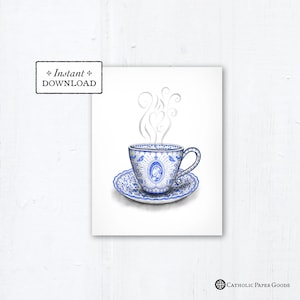 Marian Teacup Card - Art Print - Instant Download - Downloadable PDF 4.25"x5.5" A2 - Catholic Printable Card Mother's Day Card Marian Art