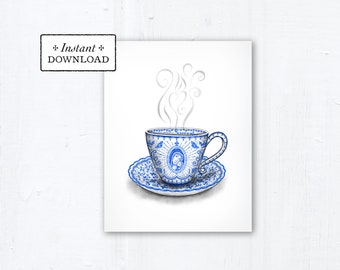 Marian Teacup Card - Art Print - Instant Download - Downloadable PDF 4.25"x5.5" A2 - Catholic Printable Card Mother's Day Card Marian Art