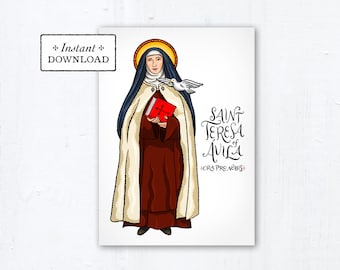 St. Teresa of Avila Card - Art Print - Instant Download - DIY Downloadable PDF 5"x7"