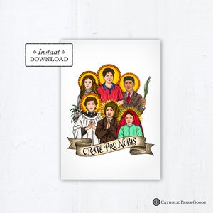 Young Saints 5x7 Card Art Print, sofortiger Download, herunterladbare PDF Saint Squad Maria Goretti Carlo Acutis Dominic Savio Jacinta Marto Jose