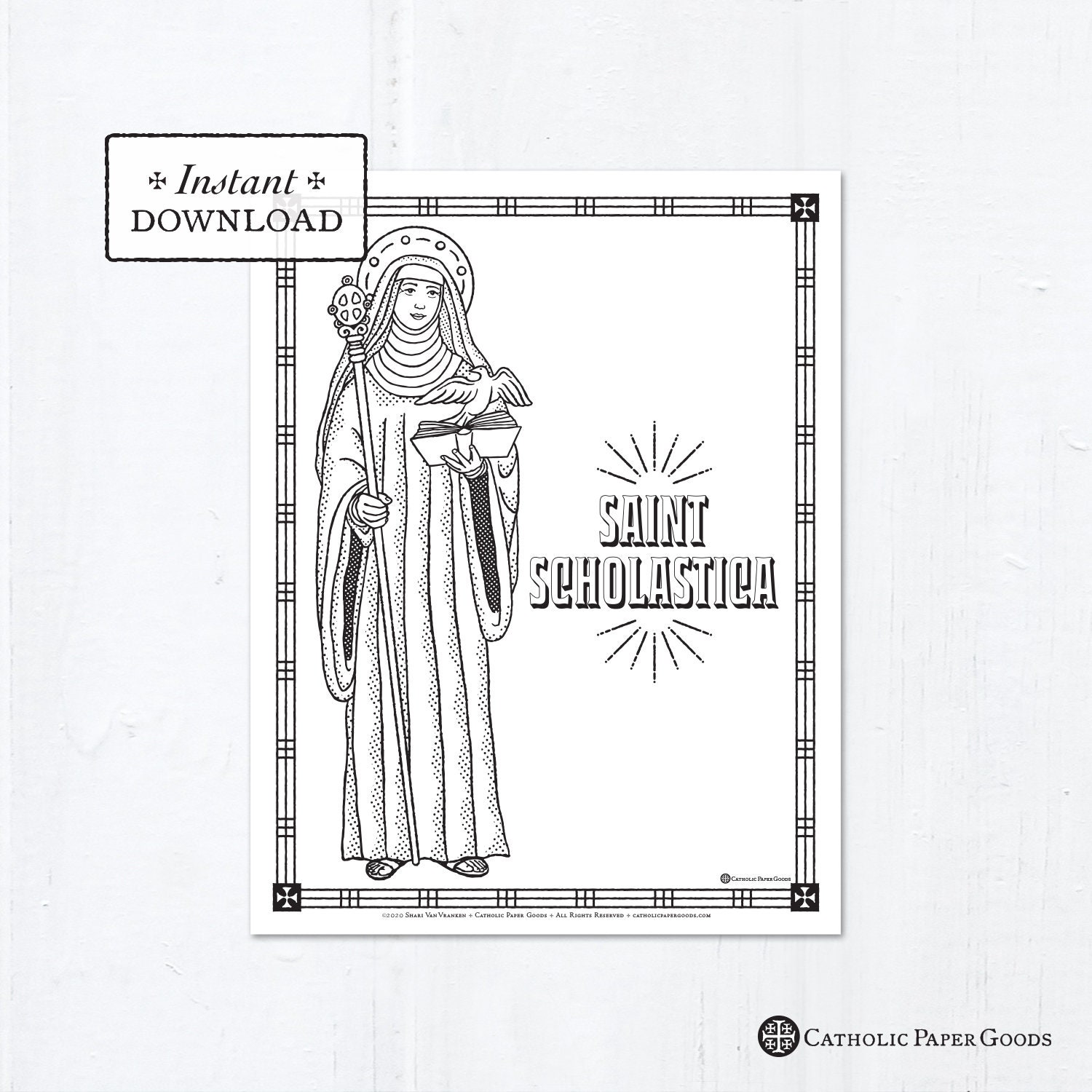 Saint Scholastica Card Art Print Instant Download DIY 