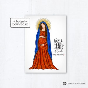 Mary, Mother of God Card, Art Print, Instant Download, DIY Downloadable PDF 5"x7" Printable Marian Prayer Card