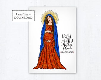 Mary, Mother of God Card, Art Print, Instant Download, DIY Downloadable PDF 5"x7" Printable Marian Prayer Card