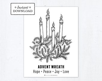 Advent Wreath Coloring Page, Printable Coloring Page, Digital, PDF Catholic Coloring Page, Advent Symbols