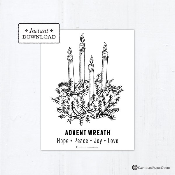 Advent Wreath Coloring Page, Printable Coloring Page, Digital, PDF Catholic Coloring Page, Advent Symbols