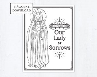 Catholic Coloring Page - Our Lady of Sorrows - Catholic Saints - Printable Marian Coloring Page - Digital - PDF