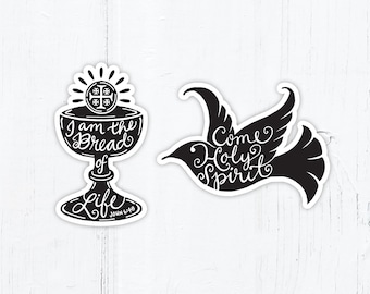 Bread of Life Come Holy Spirit Dove Catholic Stickers, First Communion Gift, Confirmation Gift 3" Vinyl Sticker Weatherproof Dishwasher Safe