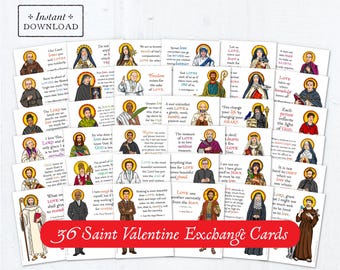 Catholic Saints Valentine Exchange Cards Bundle of 36 Full Color - Printable - DIY Downloadable PDF - 8.5x11 - Catholic Printable Valentines