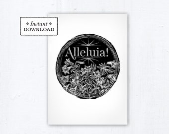 Catholic Easter Alleluia Lilies Digital Woodcut Greeting Card, Catholic Printable Easter Card Alleluia Instant Download, Black PDF 5x7