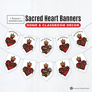 Sacred Hearts Valentine&#39;s Day Banners, Printable Banners, Valentine&#39;s Day Party Decor, Sacred Heart Banners, Sacred Heart of Jesus, June