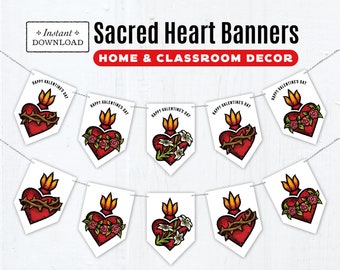 Sacred Hearts Valentine's Day Banners, Printable Banners, Valentine's Day Party Decor, Sacred Heart Banners, Sacred Heart of Jesus, June