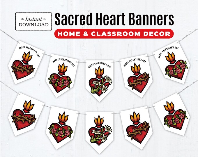 Featured listing image: Sacred Hearts Valentine's Day Banners, Printable Banners, Valentine's Day Party Decor, Sacred Heart Banners, Sacred Heart of Jesus, June