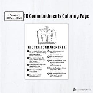 May include: A black and white printable coloring page titled "10 Commandments Coloring Page." The page features the text of the Ten Commandments, along with illustrations of the tablets and a flame. The words "Instant Download" are also present.