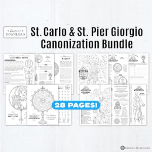 May include: A bundle of 28 printable pages featuring St. Carlo and St. Pier Giorgio. The black and white pages include coloring pages, a crossword puzzle, and information about the saints. The text includes "Instant Download" and "Canonization Bundle."