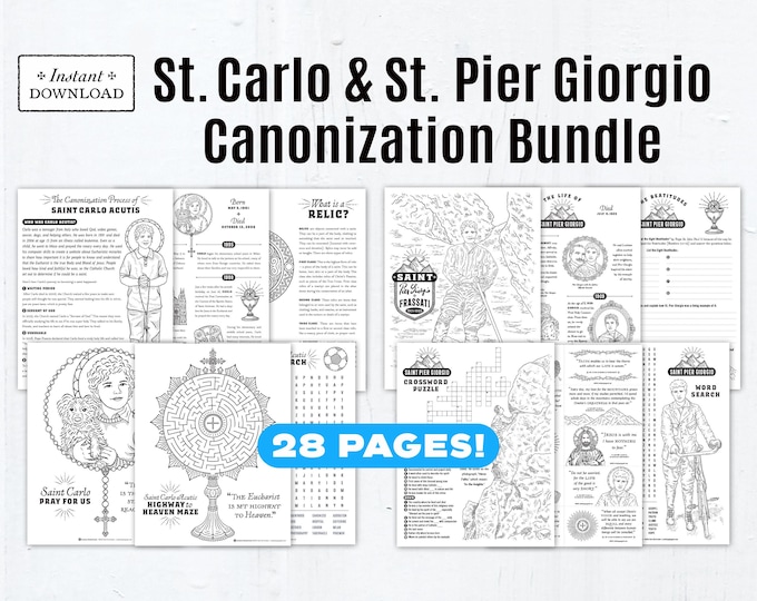 Featured listing image: Saint Pier Giorgio & Saint Carlo Acutis Activity Bundle | Catholic Printables for Kids | Coloring Pages, Worksheets, Games and Crafts
