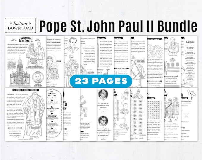 Featured listing image: Pope Saint John Paul II Activity Bundle: 23 Pages Catholic Kids Printable Coloring Pages, Discussion Questions, Games Homeschool & Classroom